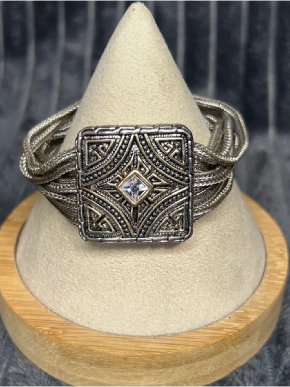 Silver-Tone Filigree Square Bracelet with Clear Crystal Accent